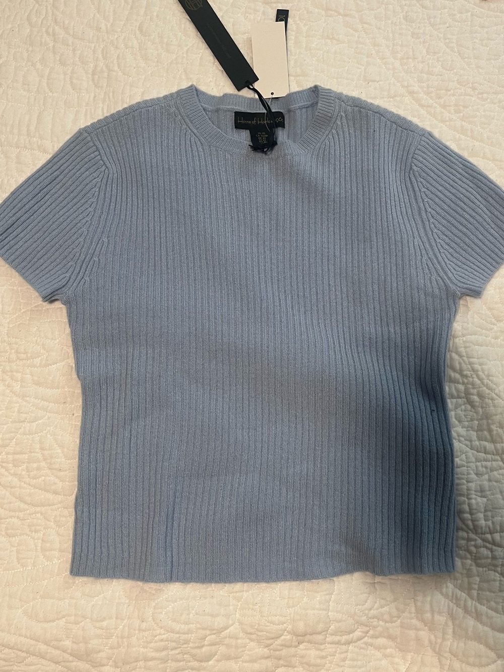 House of Harlow 1960 Short Sleeve Ribbed Tee - Light Blue -100% cashmere